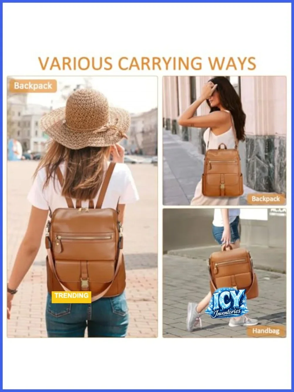 Women's Multi-Pocket Travel Backpack, PU Leather, Adjustable Strap, Anti-Theft